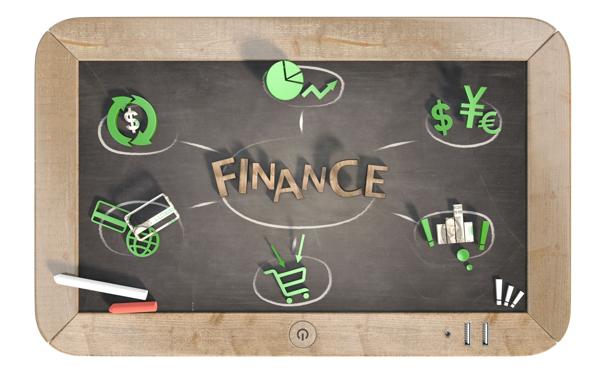 "finance" word with 3D icons on slate chalkboard